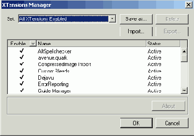 Диалоговое окно XTensions Manager