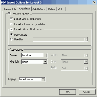 Вкладка Hyperlinks диалогового окна PDF Export Options