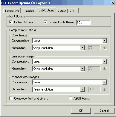 Вкладка Job Options диалогового окна PDF Export Options